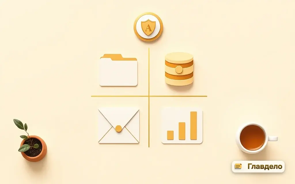 Четыре карточки категорий конфиденциальных данных - папки, базы, переписка и отчёты под защитным щитом - редакционная иллюстрация Главдело